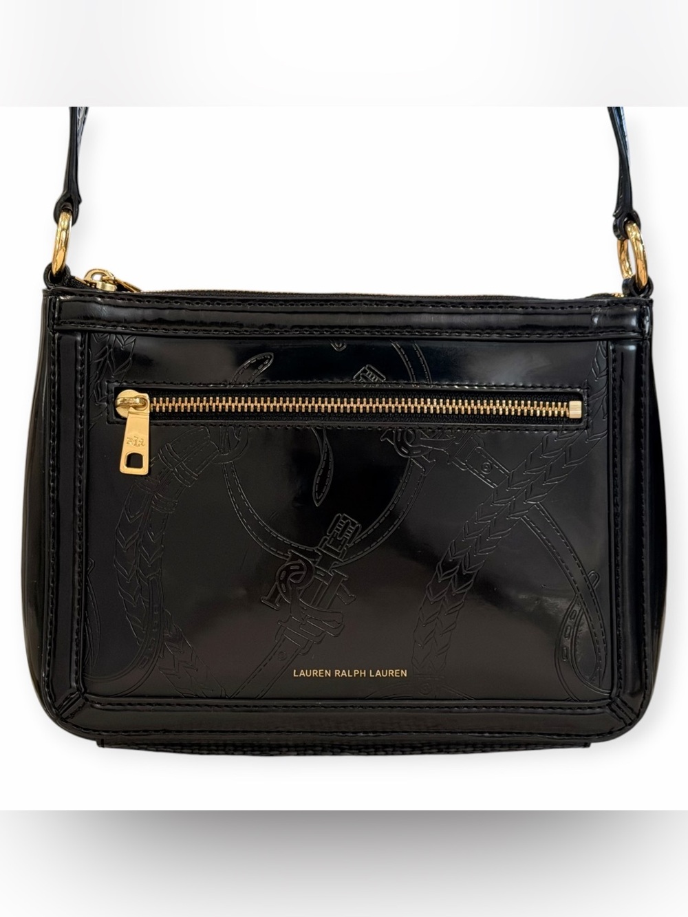 Lauren Ralph Lauren Black Patent Crossbody Bag Equestrian Harness Print Gold HW